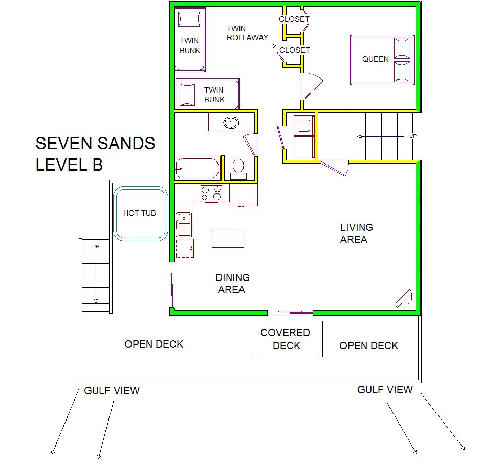 A level B layout view of Sand 'N Sea's beachside with gulf view house vacation rental in Galveston named Seven Sands